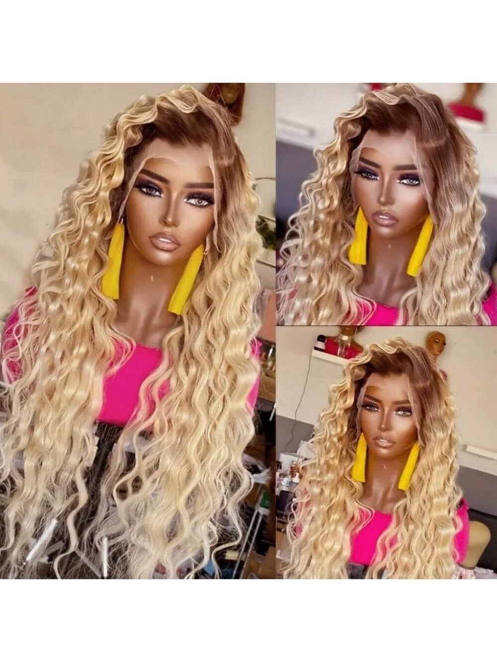 Long Brown Blonde Kinky Curly Lace Front Wig - Heat Resistant, Soft, Glueless
